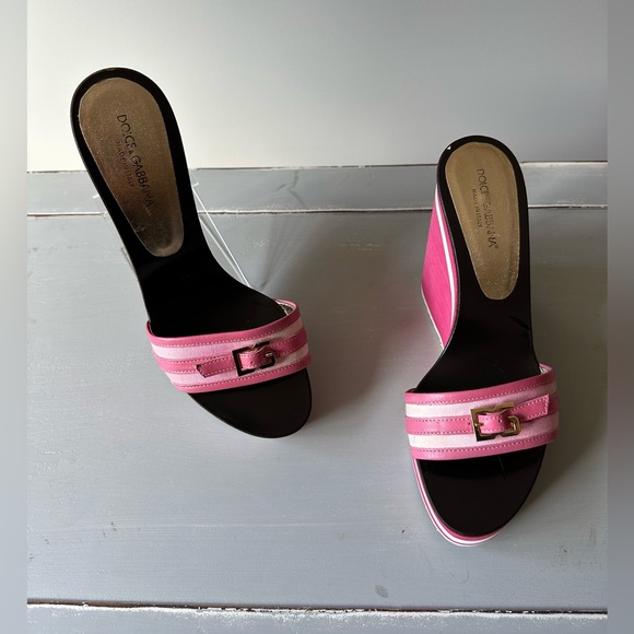Dolce & Gabbana - Vintage Pink Canvas/Calf-Skin Leather Wedge Sandals - Picture 2 of 8